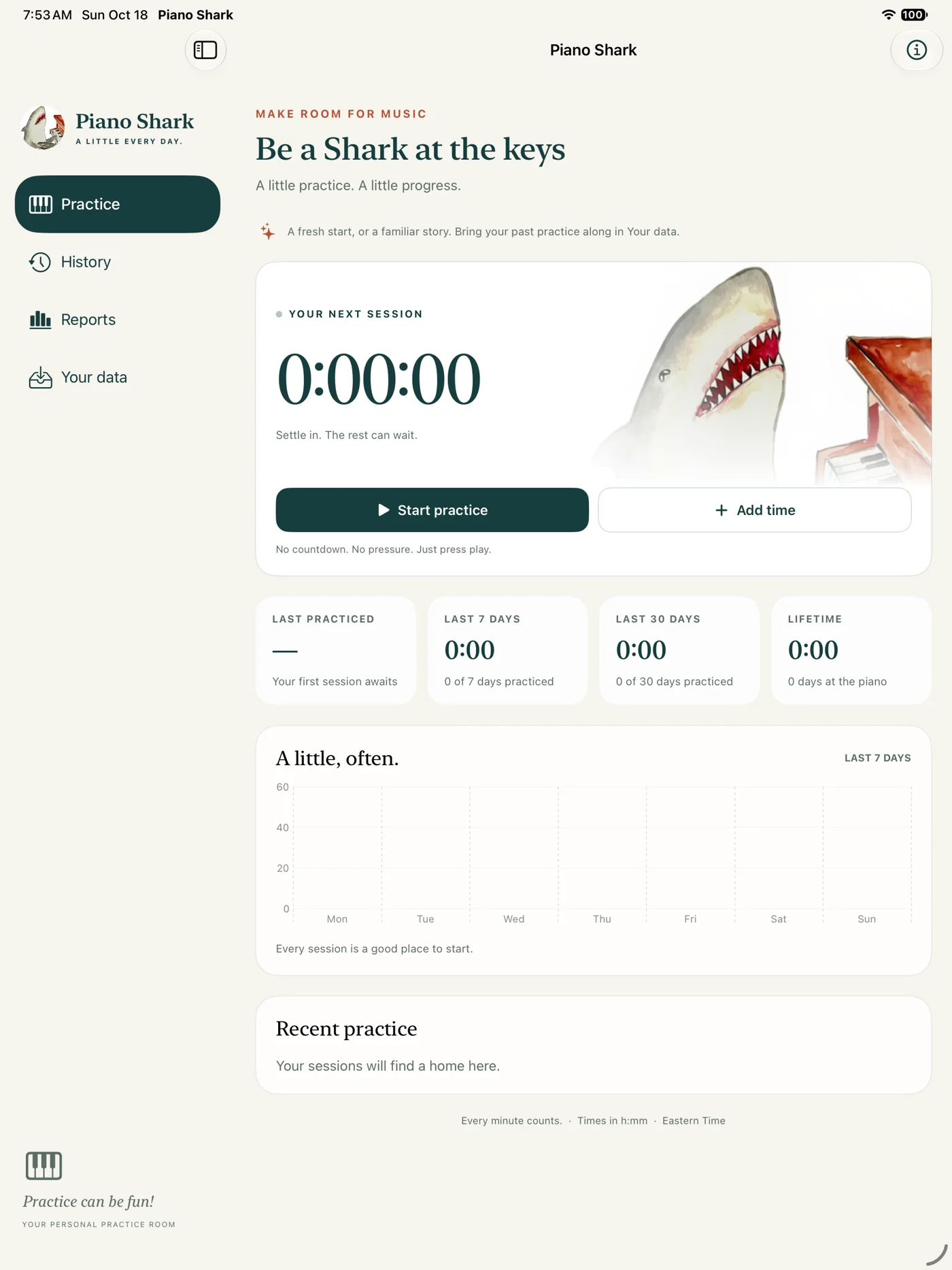 Piano Shark on iPad, with sidebar navigation for Practice, History, Reports and Your data beside the practice timer
